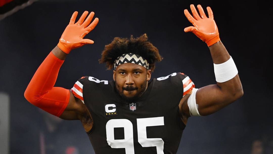 Dec 17, 2022; Cleveland, Ohio, USA; Cleveland Browns defensive end Myles Garrett (95) is introduced before the game between the Browns and the Baltimore Ravens at FirstEnergy Stadium. Mandatory Credit: Ken Blaze-Imagn Images