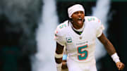 Sep 8, 2024; Miami Gardens, Florida, USA; Miami Dolphins cornerback Jalen Ramsey (5) runs onto the field before the game against the Jacksonville Jaguars at Hard Rock Stadium. Mandatory Credit: Sam Navarro-Imagn Images