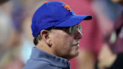 Sep 6, 2024; New York City, New York, USA; New York Mets owner Steve Cohen watches the game against the Cincinnati Reds from his front row seat during the tenth inning at Citi Field. 