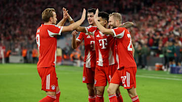 Bayern Munich players celebrating a goal against Club Brugge.