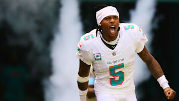 Sep 8, 2024; Miami Gardens, Florida, USA; Miami Dolphins cornerback Jalen Ramsey (5) runs onto the field before the game against the Jacksonville Jaguars at Hard Rock Stadium. Mandatory Credit: Sam Navarro-Imagn Images