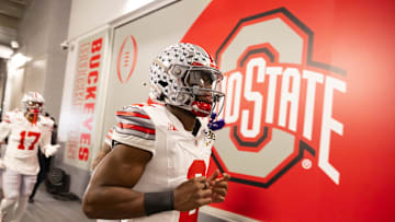 Jan 20, 2025; Atlanta, GA, USA; Ohio State Buckeyes safety Caleb Downs (2) against the Notre Dame Fighting Irish during the CFP National Championship college football game at Mercedes-Benz Stadium. Mandatory Credit: Mark J. Rebilas-Imagn Images