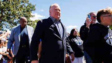Sep 7, 2024; Lexington, Kentucky, USA; Kentucky Wildcats head coach Mark Stoops enters the stadium during Cat Walk before the game against the South Carolina Gamecocks at Kroger Field. Mandatory Credit: Jordan Prather-Imagn Images