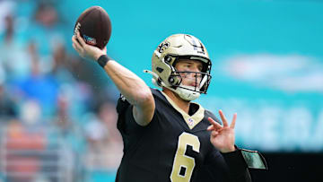 New Orleans Saints quarterback Tyler Shough (6) passes the ball against the Miami Dolphins during the second half at Hard Rock Stadium. 