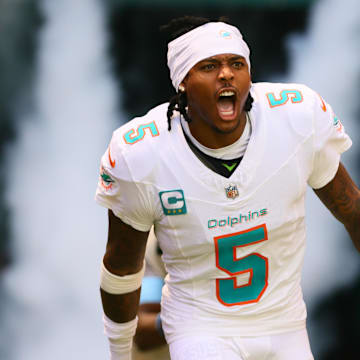 Miami Dolphins cornerback Jalen Ramsey (5) runs onto the field before the game against the Jacksonville Jaguars at Hard Rock Stadium.