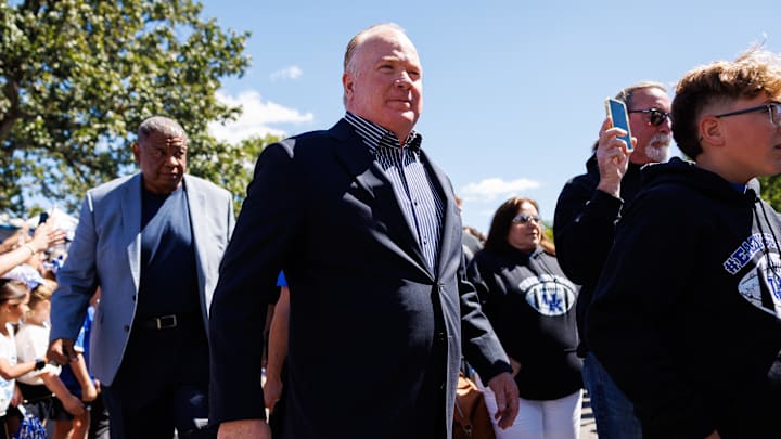 Sep 7, 2024; Lexington, Kentucky, USA; Kentucky Wildcats head coach Mark Stoops enters the stadium during Cat Walk before the game against the South Carolina Gamecocks at Kroger Field. Mandatory Credit: Jordan Prather-Imagn Images