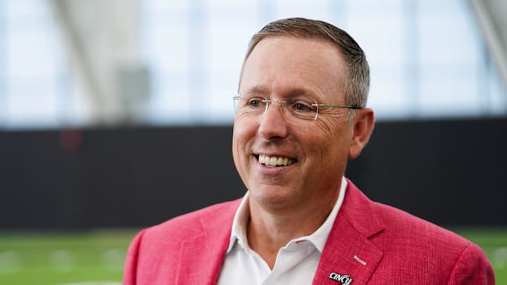 Cincinnati head football coach Scott Satterfield, Wednesday, June 11, 2025, at Sheakley Indoor Performance Center in Cincinnati. Cincinnati head football coach Scott Satterfield, Wednesday, June 11, 2025, at Sheakley Indoor Performance Center in Cincinnati.