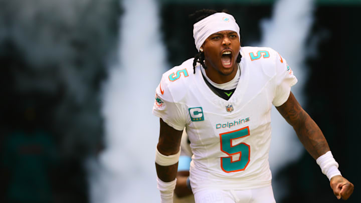 Miami Dolphins cornerback Jalen Ramsey (5) runs onto the field before the game against the Jacksonville Jaguars at Hard Rock Stadium.