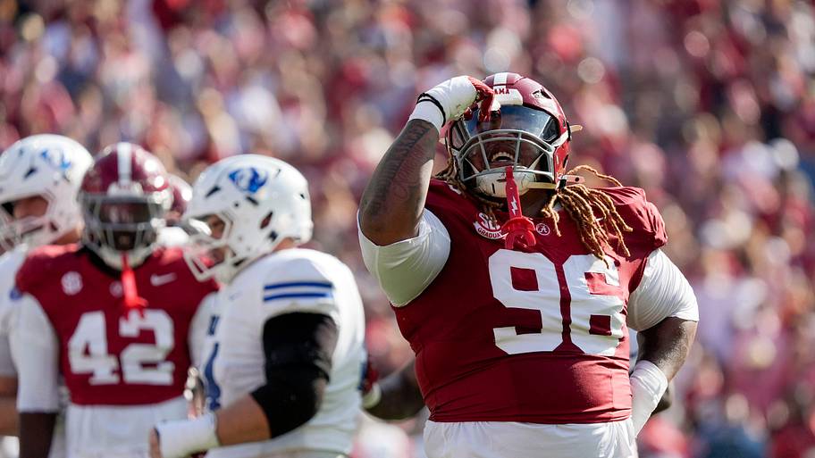 Alabama defensive lineman Tim Keenan III celebrates after sacking Eastern Illinois quarterback Cole LaCrue.