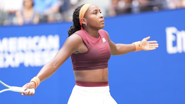 Coco Gauff (USA) after a miss to Naomi Osaka (JPN) (not pictured) on day nine of the 2025 U.S. Open 