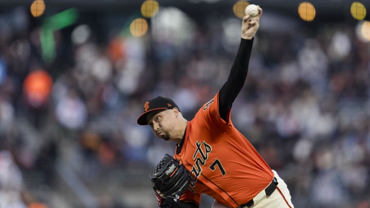 Apr 19, 2024; San Francisco, California, USA;  San Francisco Giants pitcher Blake Snell (7) throws against the Arizona Diamondbacks during the first inning at Oracle Park. Mandatory Credit: John Hefti-USA TODAY Sports