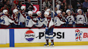 Apr 2, 2025; Chicago, Illinois, USA; Colorado Avalanche defenseman Cale Makar (8) celebrates a third period goal against the Chicago Blackhawks at United Center. Mandatory Credit: Talia Sprague-Imagn Images