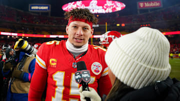 Jan 18, 2025; Kansas City, Missouri, USA; Kansas City Chiefs quarterback Patrick Mahomes (15) is interviewed after defeating the Houston Texans in a 2025 AFC divisional round game at GEHA Field at Arrowhead Stadium. Mandatory Credit: Denny Medley-Imagn Images