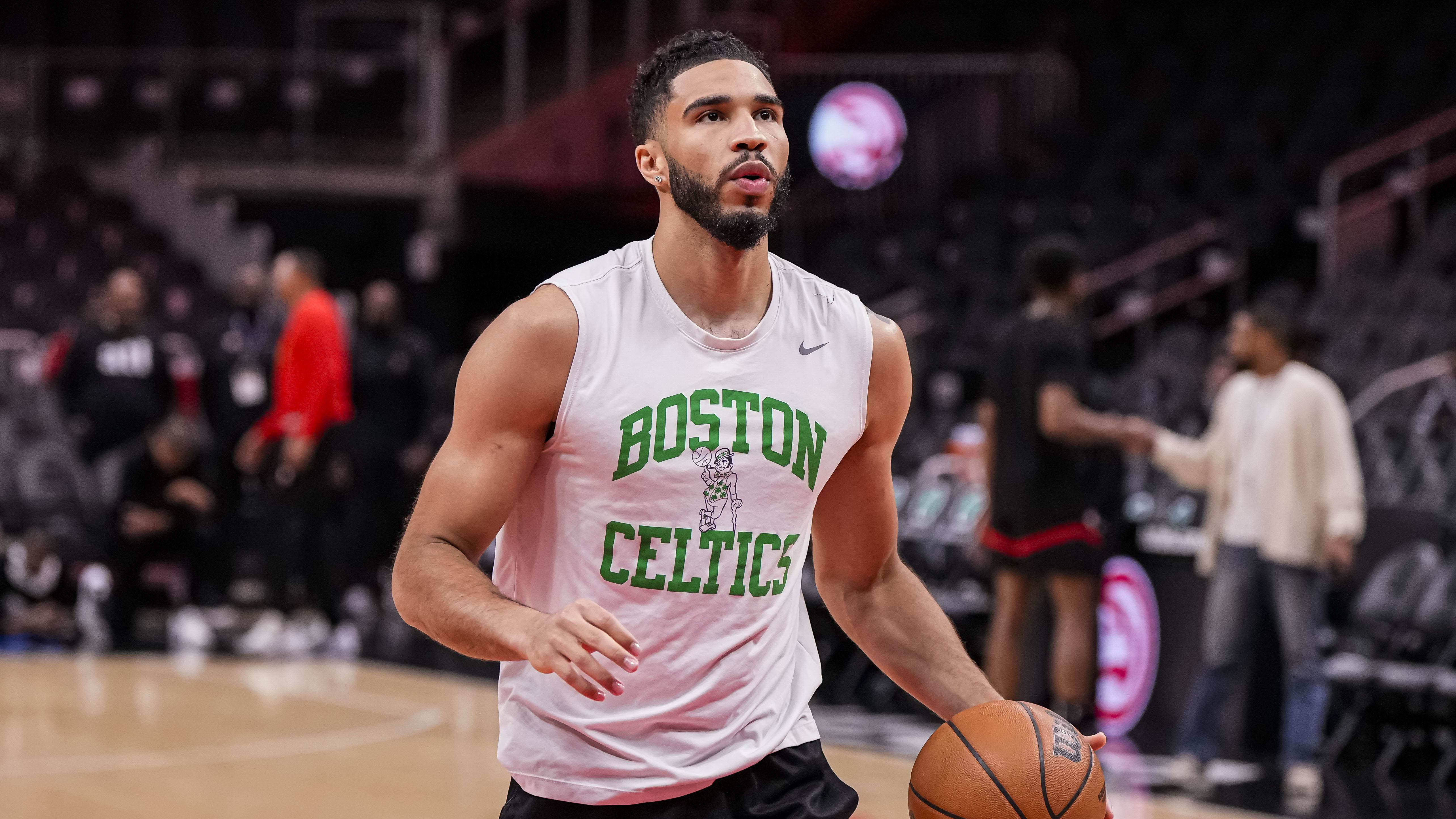 Mar 28, 2024; Atlanta, Georgia, USA; Boston Celtics forward Jayson Tatum (0) warms up on the court