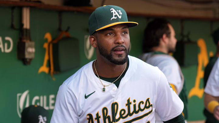 Aug 23, 2024; Oakland, California, USA; Oakland Athletics left fielder Miguel Andujar (22) before the game against the Milwaukee Brewers at Oakland-Alameda County Coliseum. Mandatory Credit: Darren Yamashita-Imagn Images