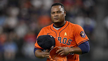 Sep 7, 2025; Arlington, Texas, USA; Houston Astros starting pitcher Framber Valdez (59) walks off the field during the game between the Texas Rangers and the Houston Astros at Globe Life Field. Mandatory Credit: Jerome Miron-Imagn Images