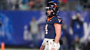 Dec 6, 2025; Charlotte, NC, USA; Virginia Cavaliers quarterback Chandler Morris (4) looks on during the second half against the Duke Blue Devils during the 2025 ACC Championship game at Bank of America Stadium. Mandatory Credit: Jim Dedmon-Imagn Images