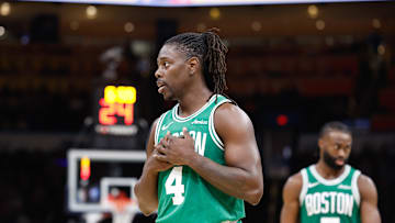 Jan 5, 2025; Oklahoma City, Oklahoma, USA; Boston Celtics guard Jrue Holiday (4) reacts to a call after a play against the Oklahoma City Thunder during the fourth quarter at Paycom Center. Mandatory Credit: Alonzo Adams-Imagn Images