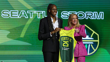 Apr 14, 2025; New York, New York, USA;  Dominique Malonga poses with WNBA commissioner Cathy Engelbert after being selected with the number two overall pick to the Seattle Storm in the 2025 WNBA Draft at The Shed at Hudson Yards. Mandatory Credit: Vincent Carchietta-Imagn Images