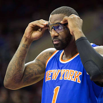 Jan 21, 2015; Philadelphia, PA, USA; New York Knicks center Amar'e Stoudemire (1) in a game against the Philadelphia 76ers at Wells Fargo Center. The Knicks defeated the 76ers 98-91. Mandatory Credit: Bill Streicher-Imagn Images