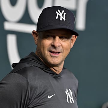 Aug 4, 2025; Arlington, Texas, USA; New York Yankees manager Aaron Boone (17) before the game between the Texas Rangers and the New York Yankees at Globe Life Field. Mandatory Credit: Jerome Miron-Imagn Images