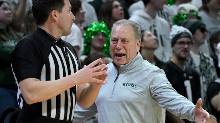 Feb 22, 2026; East Lansing, Michigan, USA;  Michigan State Spartans head coach Tom Izzo reacts during the first half against the Ohio State Buckeyes at Jack Breslin Student Events Center. Mandatory Credit: Dale Young-Imagn Images