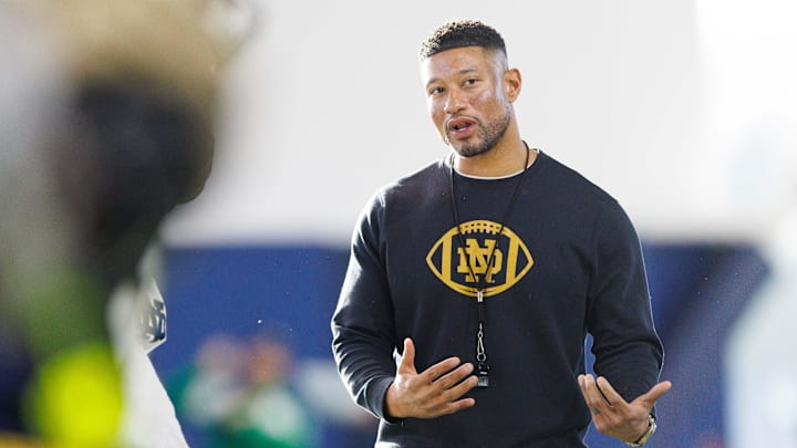 Notre Dame head coach Marcus Freeman greets his players during a Notre Dame football spring practice at Irish Athletic Center on Wednesday, March 19, 2025, in South Bend.