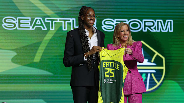 Apr 14, 2025; New York, New York, USA;  Dominique Malonga poses with WNBA commissioner Cathy Engelbert after being selected with the number two overall pick to the Seattle Storm in the 2025 WNBA Draft at The Shed at Hudson Yards. Mandatory Credit: Vincent Carchietta-Imagn Images