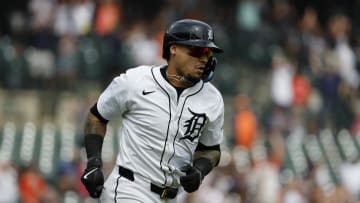 Aug 15, 2024; Detroit, Michigan, USA;  Detroit Tigers shortstop Javier Baez (28) runs the bases after he hits a two run home run in the eighth inning against the Seattle Mariners at Comerica Park.