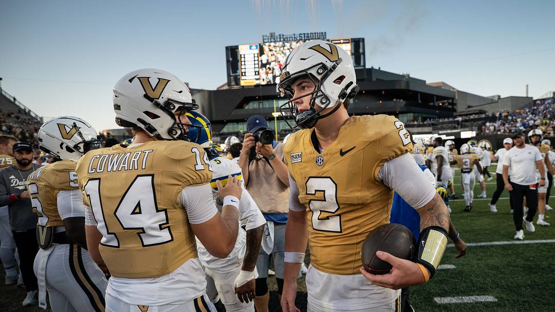 Vanderbilt quarterback Jared Curtis (2) celebrates with quarterback Drew Cowart (14) after defeating Delaware at FirstBank Stadium in Nashville, Tenn., Saturday, Sept. 12, 2026. Vanderbilt quarterback Jared Curtis (2) celebrates with quarterback Drew Cowart (14) after defeating Delaware at FirstBank Stadium in Nashville, Tenn., Saturday, Sept. 12, 2026.