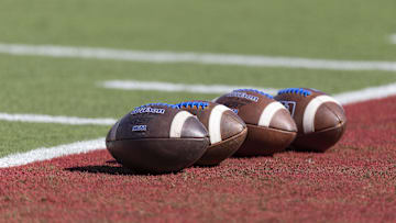 Sep 27, 2025; Stanford, California, USA;  General view of practice footballs from the San Jose State Spartans before the start of the first quarter against the Stanford Cardinal at Stanford Stadium. Mandatory Credit: Stan Szeto-Imagn Images