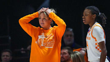 Tennessee Lady Vols head coach Kim Caldwell and Tennessee guard Kaniya Boyd (4) look in disbelief after a call during a women's college basketball game between the Lady Vols and Mississippi State at Thompson-Boling Arena at Food City Center on Thursday, Jan. 16, 2025.