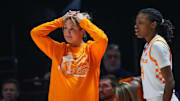 Tennessee Lady Vols head coach Kim Caldwell and Tennessee guard Kaniya Boyd (4) look in disbelief after a call during a women's college basketball game between the Lady Vols and Mississippi State at Thompson-Boling Arena at Food City Center on Thursday, Jan. 16, 2025.