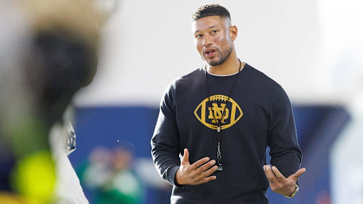 Notre Dame head coach Marcus Freeman greets his players during a Notre Dame football spring practice at Irish Athletic Center on Wednesday, March 19, 2025, in South Bend. Notre Dame head coach Marcus Freeman greets his players during a Notre Dame football spring practice at Irish Athletic Center on Wednesday, March 19, 2025, in South Bend.