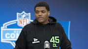 Mar 1, 2025; Indianapolis, IN, USA; Alabama A&M offensive lineman Carson Vinson (OL45) answers questions at a press conference during the 2025 NFL Combine at Indiana Convention Center. Mandatory Credit: Jacob Musselman-Imagn Images