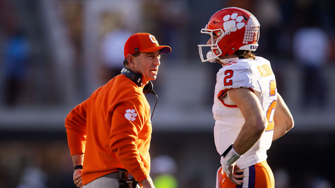 Dec 21, 2024; Austin, Texas, USA; Clemson Tigers head coach Dabo Swinney with quarterback Cade Klubnik (2) against the Texas Longhorns during the first half of the CFP National playoff first round at Darrell K Royal-Texas Memorial Stadium. Mandatory Credit: Mark J. Rebilas-Imagn Images