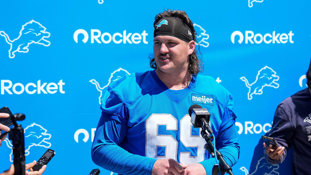 Detroit Lions offensive lineman Tate Ratledge (69) speaks after practice during rookie mini camp at Meijer Performance Center in Allen Park on Friday, May 9, 2025.