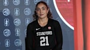 Oct 9, 2024; Charlotte, NC, USA;  Stanford forward Brooke Demetre during ACC Media Days at The Hilton Charlotte Uptown. Mandatory Credit: Jim Dedmon-Imagn Images