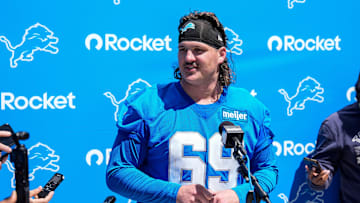 Detroit Lions offensive lineman Tate Ratledge (69) speaks after practice during rookie mini camp at Meijer Performance Center in Allen Park on Friday, May 9, 2025.