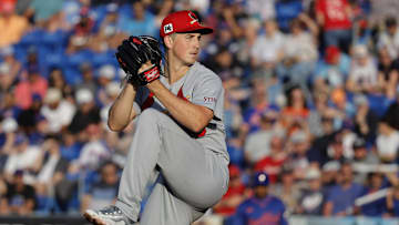 Mar 14, 2025; Port St. Lucie, Florida, USA;  St. Louis Cardinals pitcher Michael McGreevy (36) throws a pitch during the first inning against the New York Mets at Clover Park. Mandatory Credit: Reinhold Matay-Imagn Images