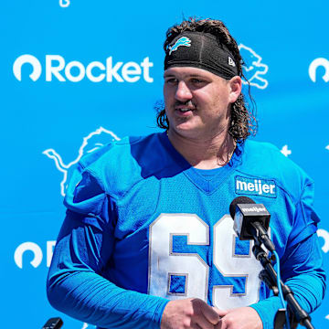 Detroit Lions offensive lineman Tate Ratledge (69) speaks after practice during rookie mini camp at Meijer Performance Center in Allen Park on Friday, May 9, 2025.