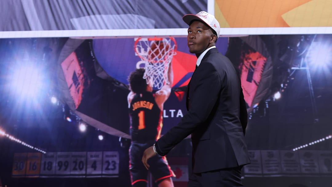 Jun 25, 2025; Brooklyn, NY, USA;  Derik Queen reacts on stage after being selected as the 13th pick by the Atlanta Hawks in the first round of the 2025 NBA Draft at Barclays Center. Mandatory Credit: Brad Penner-Imagn Images