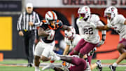Oct 18, 2025; Corvallis, Oregon, USA; Oregon State Beavers running back Anthony Hankerson (0) runs the ball during the first quarter against the Lafayette Leopards at Reser Stadium. Mandatory Credit: Craig Strobeck-Imagn Images