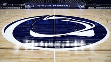 A detailed view of the Penn State Nittany Lions logo at center court of the Bryce Jordan Center.  