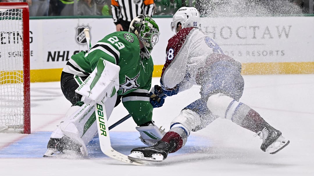 Mar 6, 2026; Dallas, Texas, USA; Colorado Avalanche center Martin Necas (88) scores the game winning goal against Dallas Stars goaltender Jake Oettinger (29) during the overtime shootout period at the American Airlines Center. Mandatory Credit: Jerome Miron-Imagn Images