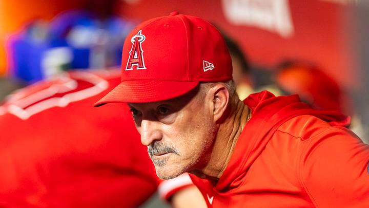 Phoenix, Arizona, USA; Los Angeles Angels pitching coach Mike Maddux against the Arizona Diamondbacks at Chase Field. Mandatory Credit: Mark J. Rebilas-Imagn Images