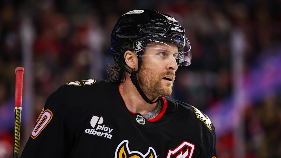 Mar 3, 2026; Calgary, Alberta, CAN; Calgary Flames left wing Blake Coleman (20) during the second period against the Dallas Stars at Scotiabank Saddledome. Mandatory Credit: Sergei Belski-Imagn Images