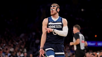 Nov 5, 2025; New York, New York, USA; Minnesota Timberwolves guard Donte DiVincenzo (0) celebrates his three point shot against the New York Knicks during the second quarter at Madison Square Garden. Mandatory Credit: Brad Penner-Imagn Images