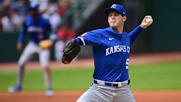 Apr 13, 2025; Cleveland, Ohio, USA; Kansas City Royals starting pitcher Cole Ragans (55) throws a pitch during the first inning against the Cleveland Guardians at Progressive Field. Mandatory Credit: David Dermer-Imagn Images