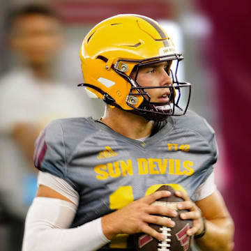 Arizona State quarterback Sam Leavitt (10) passes during a practice inside the Verde Dickey Dome in Tempe on August 12, 2025.